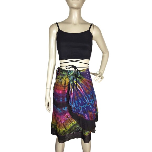 VTG Kathmandu Imports Rainbow Black Tie-Dye Wrap Skirt Festival 100% Cotton OSFM - Picture 6 of 8
